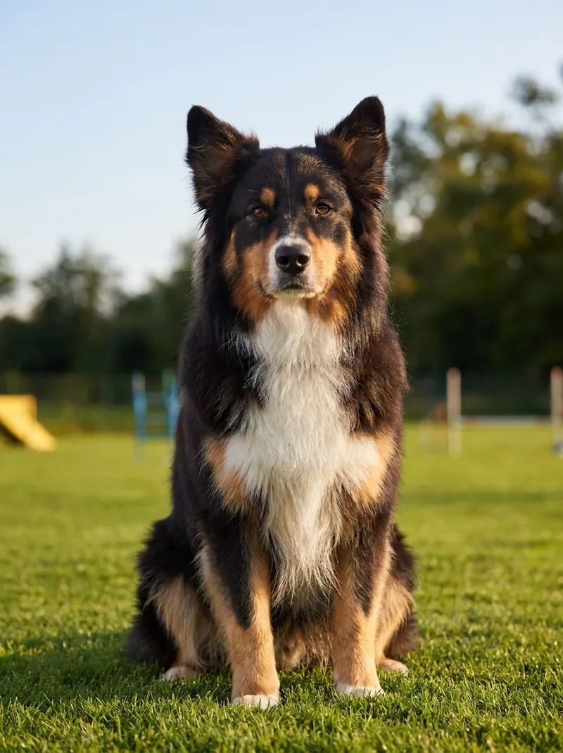 Australian Shepherd sitzt aufmerksam beim Training auf dem Hundeplatz