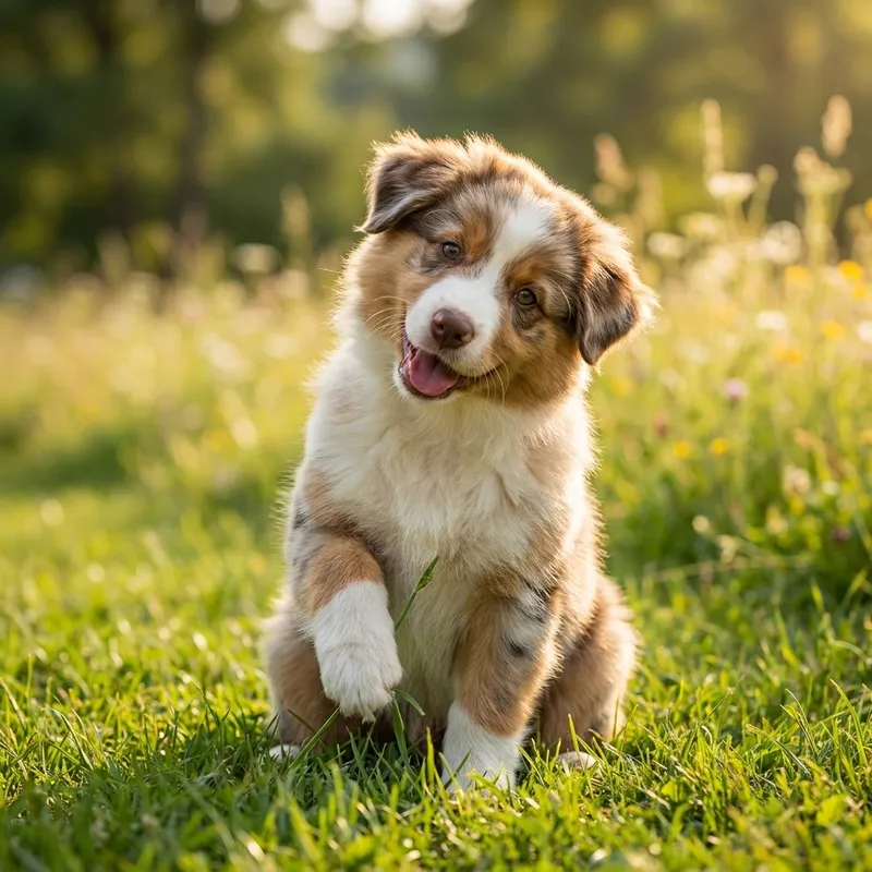 Australian-Shepherd-Welpe spielt fröhlich auf der Wiese