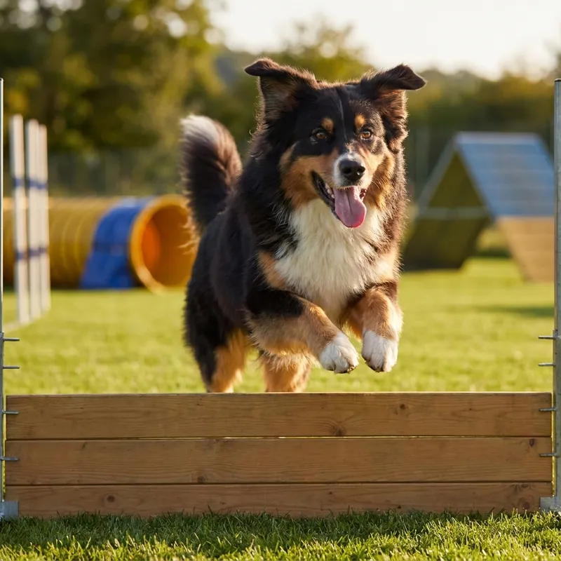 Hund springt freudig über eine Agility-Hürde