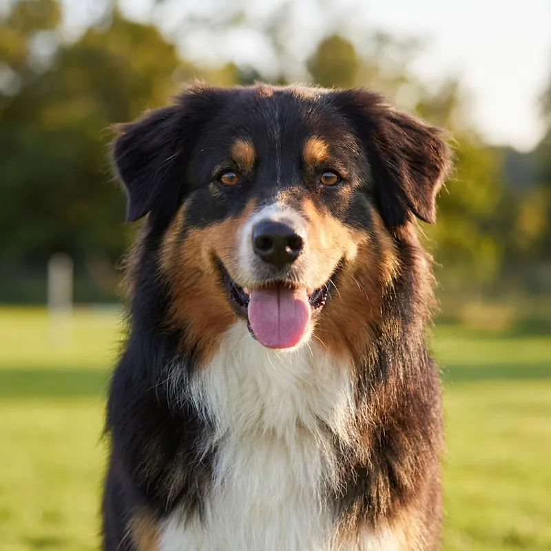Zufriedener Australian Shepherd im warmen Abendlicht
