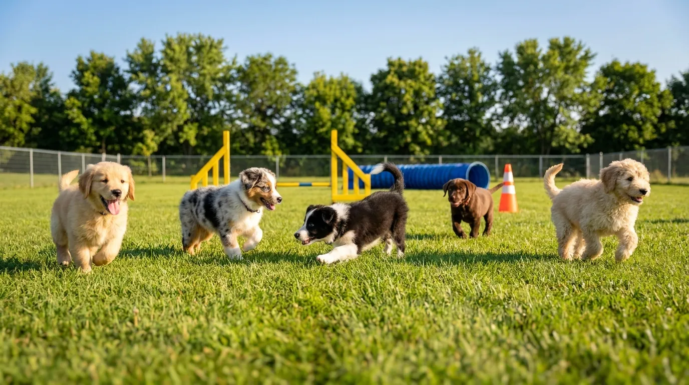 Spielende Welpen auf dem eingezäunten Trainingsplatz der Hundeschule Jacko in Aham